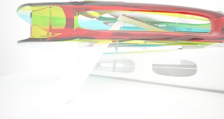 Fototapeta premium Abstract white and colored gradient glasses interior multilevel public space with window. 3D illustration and rendering.