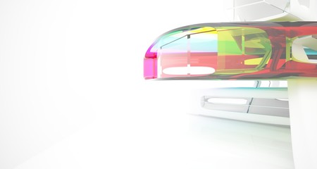 Abstract white and colored gradient glasses interior multilevel public space with window. 3D illustration and rendering.