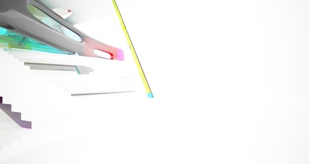 Abstract white and colored gradient glasses interior multilevel public space with window. 3D illustration and rendering.