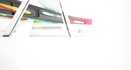 Abstract white and colored gradient glasses interior multilevel public space with window. 3D illustration and rendering.