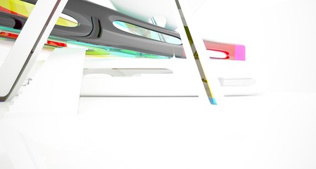Abstract white and colored gradient glasses interior multilevel public space with window. 3D illustration and rendering.