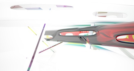Fototapeta premium Abstract white and colored gradient glasses interior multilevel public space with window. 3D illustration and rendering.