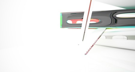 Abstract white and colored gradient glasses interior multilevel public space with window. 3D illustration and rendering.