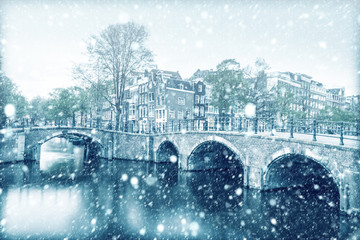 View of Amsterdam canal with snow