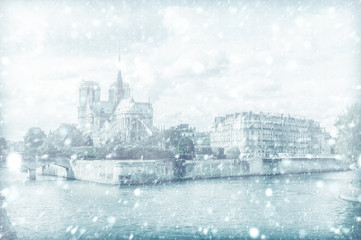 View of Notre Dame de Paris with snow