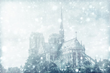Fototapeta na wymiar View of Notre Dame de Paris with snow