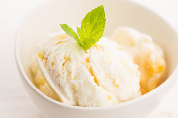 Vanilla Ice Cream with Mint in bowl Organic product