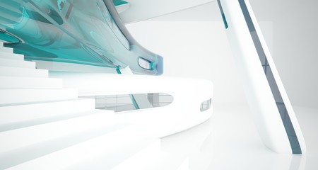 Fototapeta premium Abstract white and colored gradient glasses interior multilevel public space with window. 3D illustration and rendering.