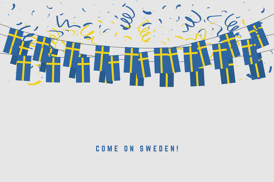Sweden garland flag with confetti on gray background, Hang bunting for Sweden celebration template banner.