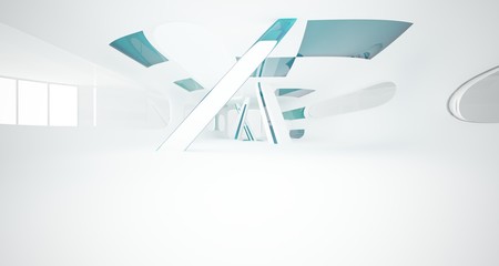 Abstract white and colored gradient glasses interior multilevel public space with window. 3D illustration and rendering.