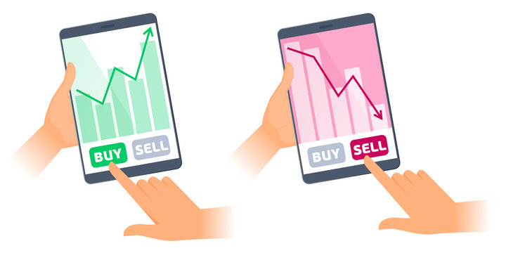 The hands are holding a tablets with stock quote charts on the screens. The fall and increase in the shares price graphs. The trader's computers, sell, buy buttons. Business flat concept illustration.