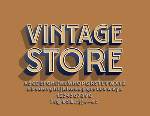 Obraz premium Vector Retro Sign Vintage Store. Bright 3D Font. Cute Design style Alphabet Letters, Numbers and Symbol