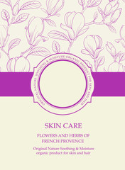 Brochure template layout design. Book cover with flower texture on the background. A wide line of color ribbon with circle badge and empty text place. Vector illustration.