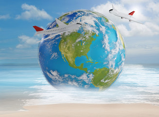 Fototapeta premium planet earth world on the beach with airplanes sand ocean and sky 3d-illustration. elements of this image furnished by NASA
