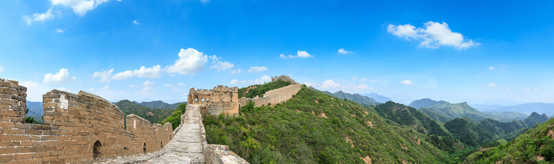 Majestic Great Wall of China under the blue sky,panoramic view