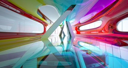 Abstract white and colored gradient glasses interior multilevel public space with window. 3D illustration and rendering.