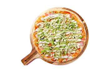 Whole pizza isolated on white background top view