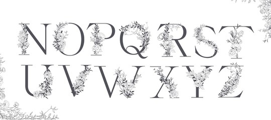 Wedding alphabet. Initials with botanical elements. Monogram arrangement.