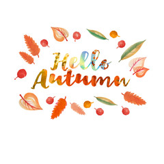 Hello Autumn modern watercolor hand painted card, banner decorated with colorful autumn leaves