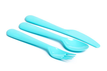 set of various plastic cutlery isolated