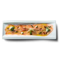 Carpaccio, isolated on white background, view from above