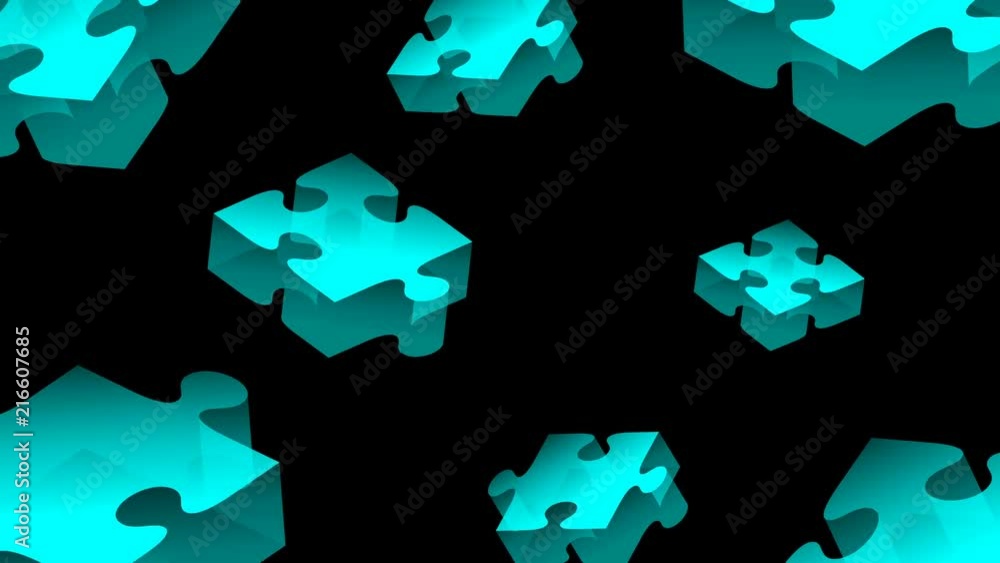 Poster jigsaw puzzle 3d isometric virtual float moving blue color illustration on black background, seamles