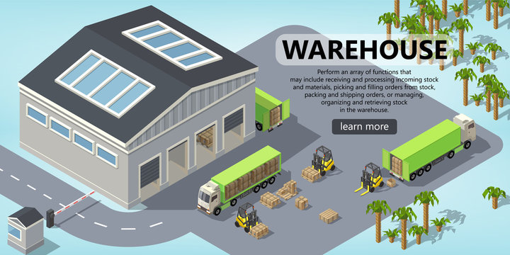 Vector 3d isometric site template with warehouse, trucks for shipping, logistic. Site with button. Portal background with forklifts, goods and storage. Commercial service with transportation, delivery