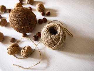 composition of nuts on the wooden table top