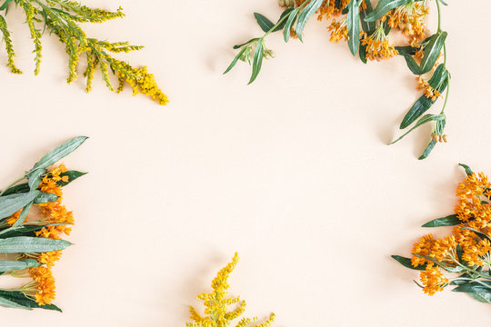 Fototapeta Autumn composition. Frame made of fresh orange and yellow flowers on pastel beige background. Autumn, fall concept. Flat lay, top view, copy space