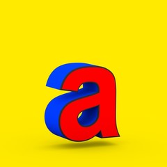 Red and blue superhero letter A lowercase isolated on yellow background.