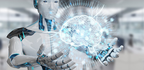 White humanoid using digital artificial intelligence icon hologram 3D rendering