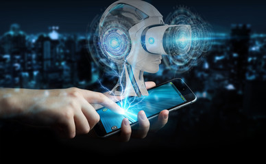 Businessman using virtual reality and artificial intelligence 3D rendering