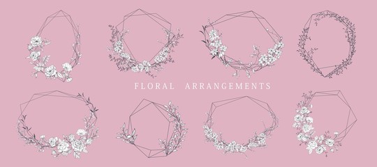 Floral bouquet design. Wedding arrangement. Botanical frame. Hand drawn flowers.