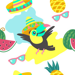 Seamless pattern. Tropical birds toucans, tropical leaves and fruits. Colorful vector illustration.