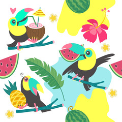 Seamless pattern. Tropical birds toucans, tropical leaves and fruits. Colorful vector illustration.