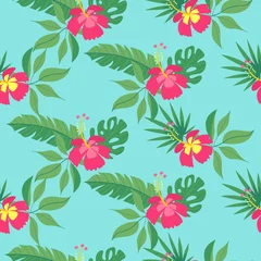  Seamless pattern. Beautiful tropical flowers and leaves. Hibiscus and palm leaves. Vector illustration. © katedemian