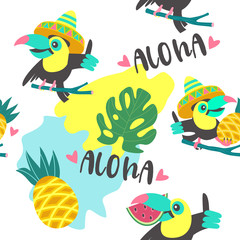 Seamless pattern. Tropical birds toucans, tropical leaves and fruits. Colorful vector illustration.
