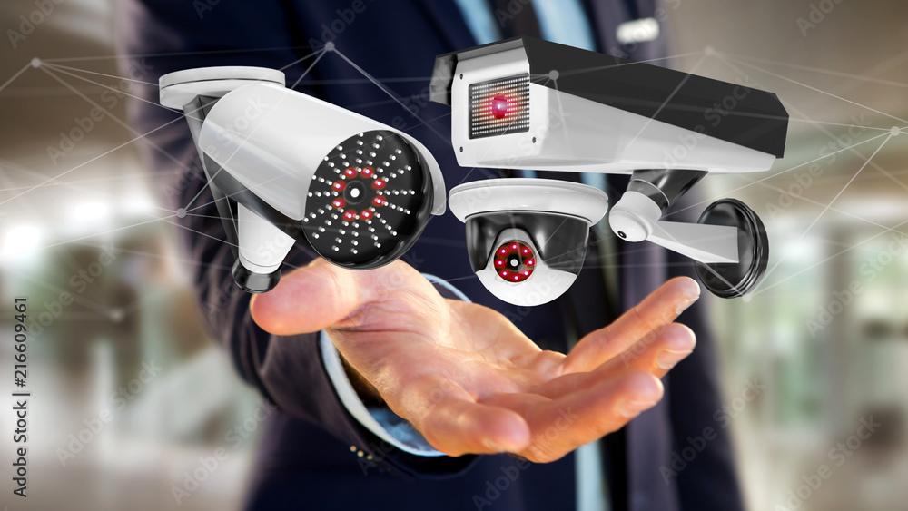 Poster businessman holding a security camera system and network connection - 3d rendering