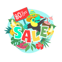 Summer sale. Bright colorful advertising poster. Cheerful Toucan, tropical leaves and fruit. Illustration in cartoon style.
