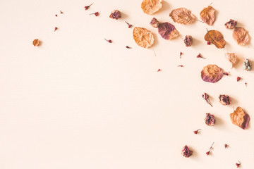 Autumn floral composition. Frame made of dried flowers and leaves on pastel beige background. Autumn, fall concept. Flat lay, top view, copy space
