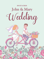 Happy weddings. Vector illustration. The bride and groom ride a bike. Wedding card, wedding invitation.