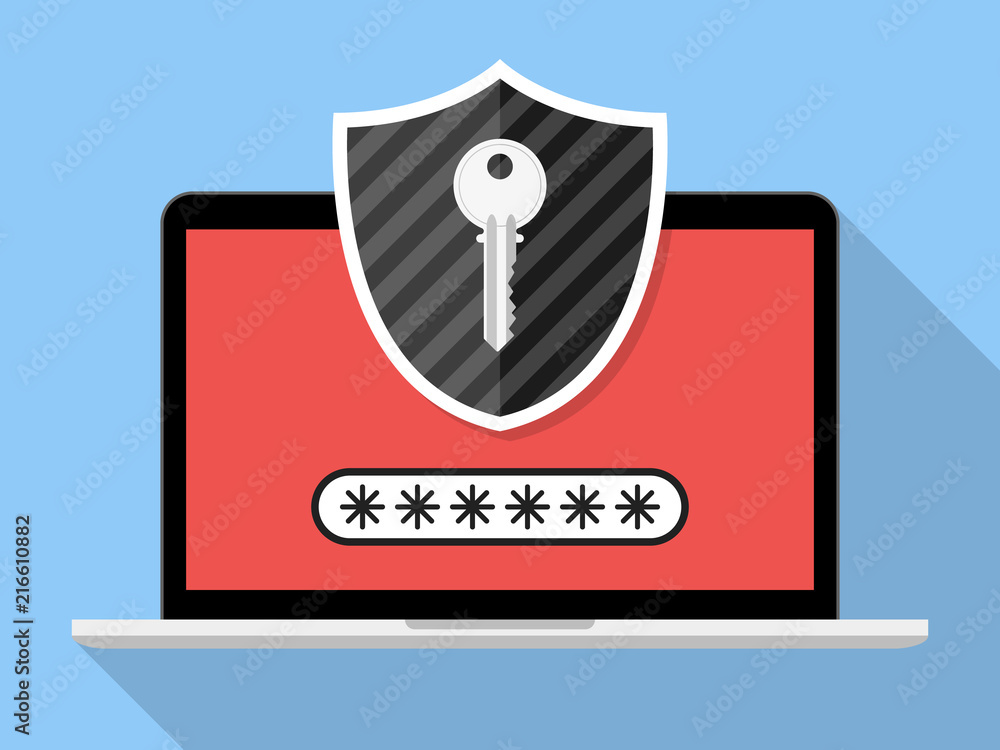 Poster password protection. laptop with password security shield key field on screen illustration vector