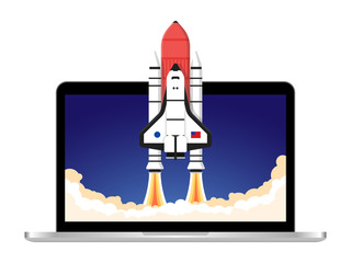 Laptop Rocket Launch Dark Sky Space Ship Taking Off Illustration Background Wallpaper Vector