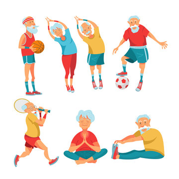 Elderly pensioners engaged in sports. Vector illustration.