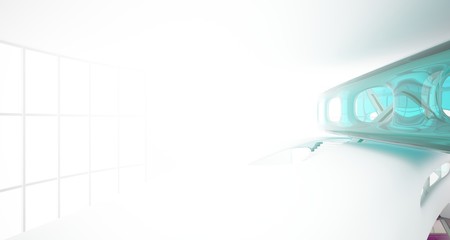 Fototapeta premium Abstract white and colored gradient glasses interior multilevel public space with window. 3D illustration and rendering.