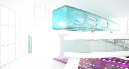 Abstract white and colored gradient glasses interior multilevel public space with window. 3D illustration and rendering.