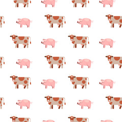 Seamless pattern on white background. Cute cows and pigs. Farm healthy foods. Meat and milk.