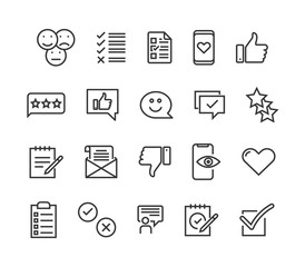 Simple Set of Survey Related Vector Line Icons. Feedback Contains such Icons as Emotional Opinion, Rating, Checklist and more. Editable Stroke. 48x48 Pixel Perfect.