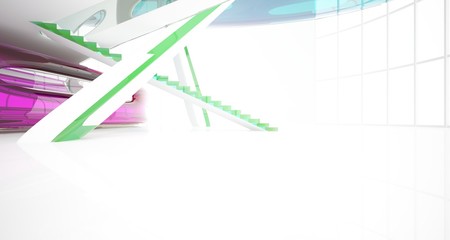 Abstract white and colored gradient glasses interior multilevel public space with window. 3D illustration and rendering.