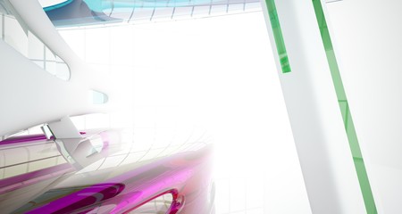 Abstract white and colored gradient glasses interior multilevel public space with window. 3D illustration and rendering.